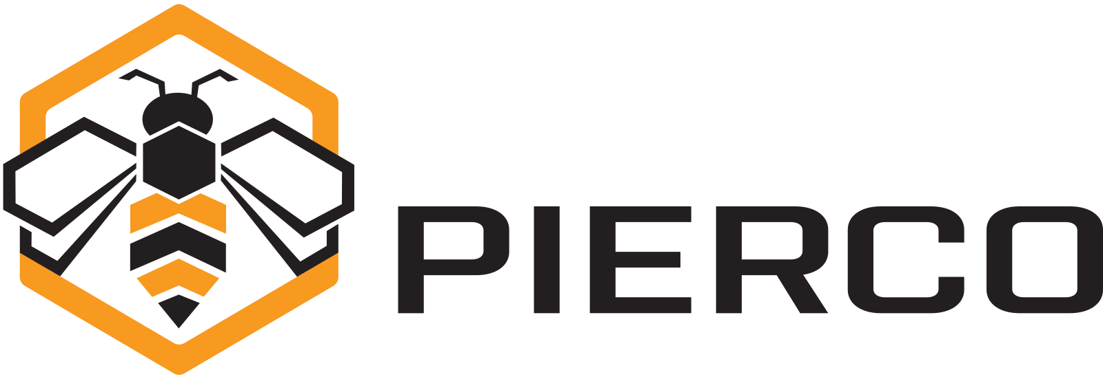 Acorn Pierco wordmark beside a black and orange geometric bee on a honeycomb.
