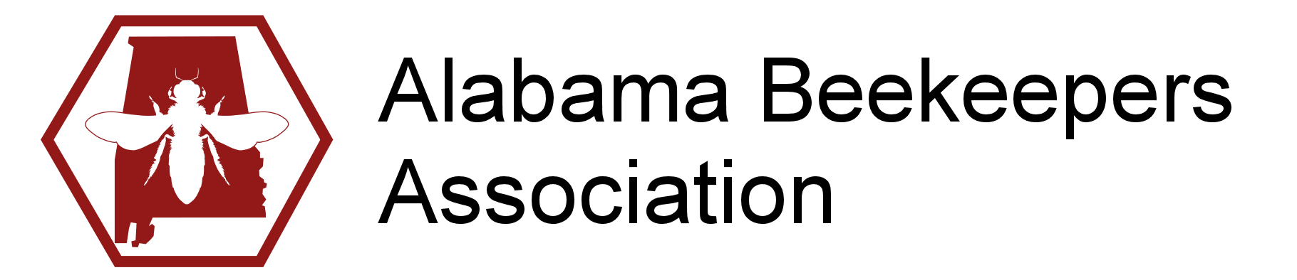 First-party Alabama Beekeepers Association logo: a white bee on a dark red map of Alabama inside a red hexagon, beside the association name in black.