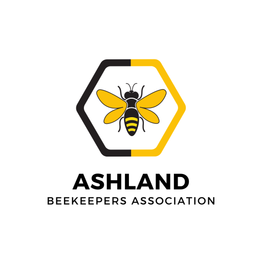 First-party Ashland Beekeepers Association logo: a black-and-yellow bee inside a half-black, half-yellow hexagon above the words Ashland Beekeepers Association. The club logo, not a class photo.