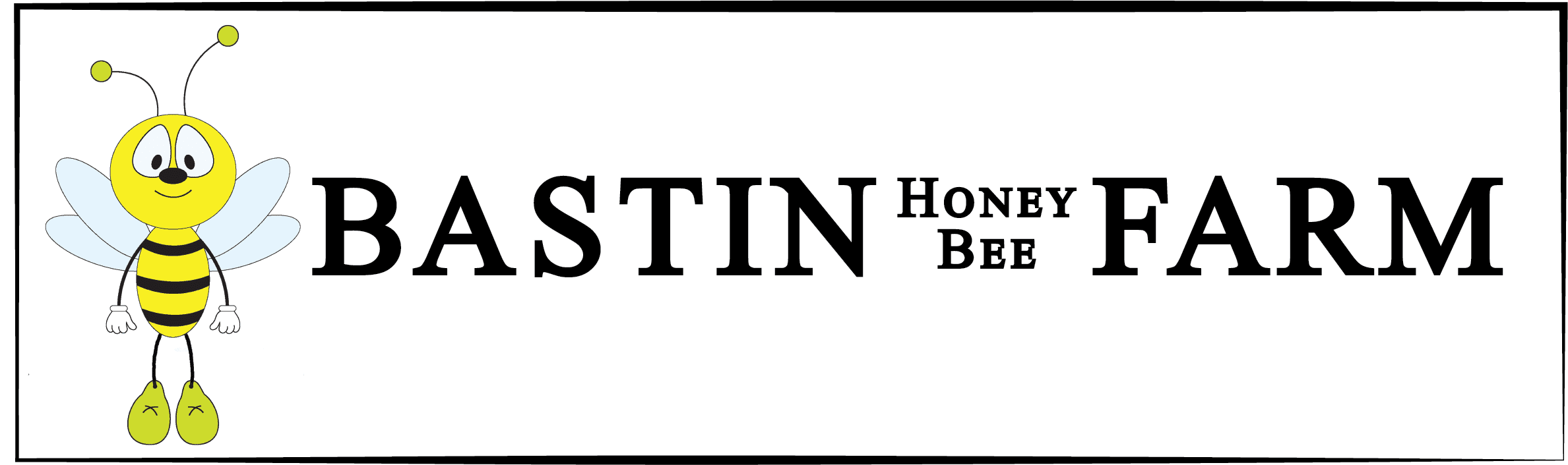 First-party Bastin Honey Bee Farm horizontal logo: a cartoon honey bee beside the name in black lettering inside a thin black frame.