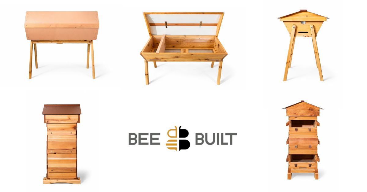 First-party BeeBuilt collage of Western Red Cedar Warré and top-bar hives and hive parts on a white field, with the BeeBuilt wordmark.