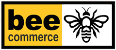 Bee-Commerce logo: bee commerce lettering on yellow beside a black-and-white bee (first-party).