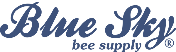 Blue Sky Bee Supply wordmark in blue type beside a bee with a gold-striped body and orange wings on a honeycomb hexagon.