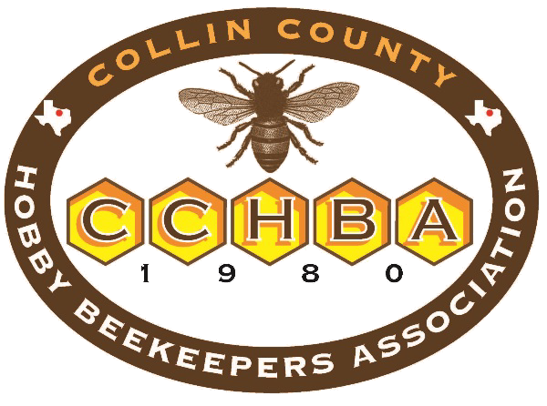 Collin County Hobby Beekeepers Association oval seal with a bee, CCHBA hexagons, and 1980.