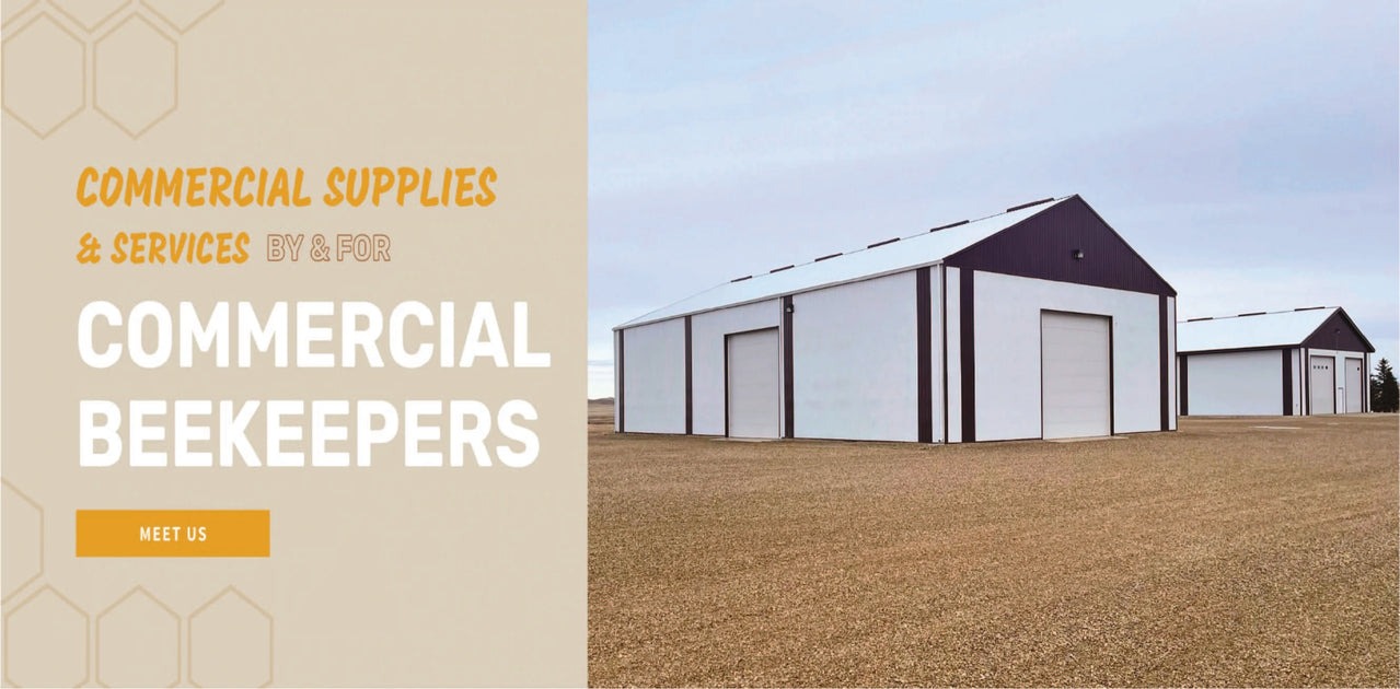 Commercial Bee Supply site share image: COMMERCIAL SUPPLIES & SERVICES BY & FOR COMMERCIAL BEEKEEPERS beside a photo of the Hettinger warehouse buildings.