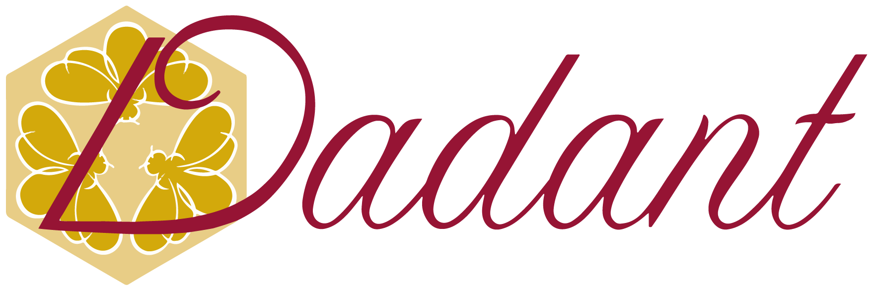 Dadant script wordmark beside a gold honeycomb emblem with bees.