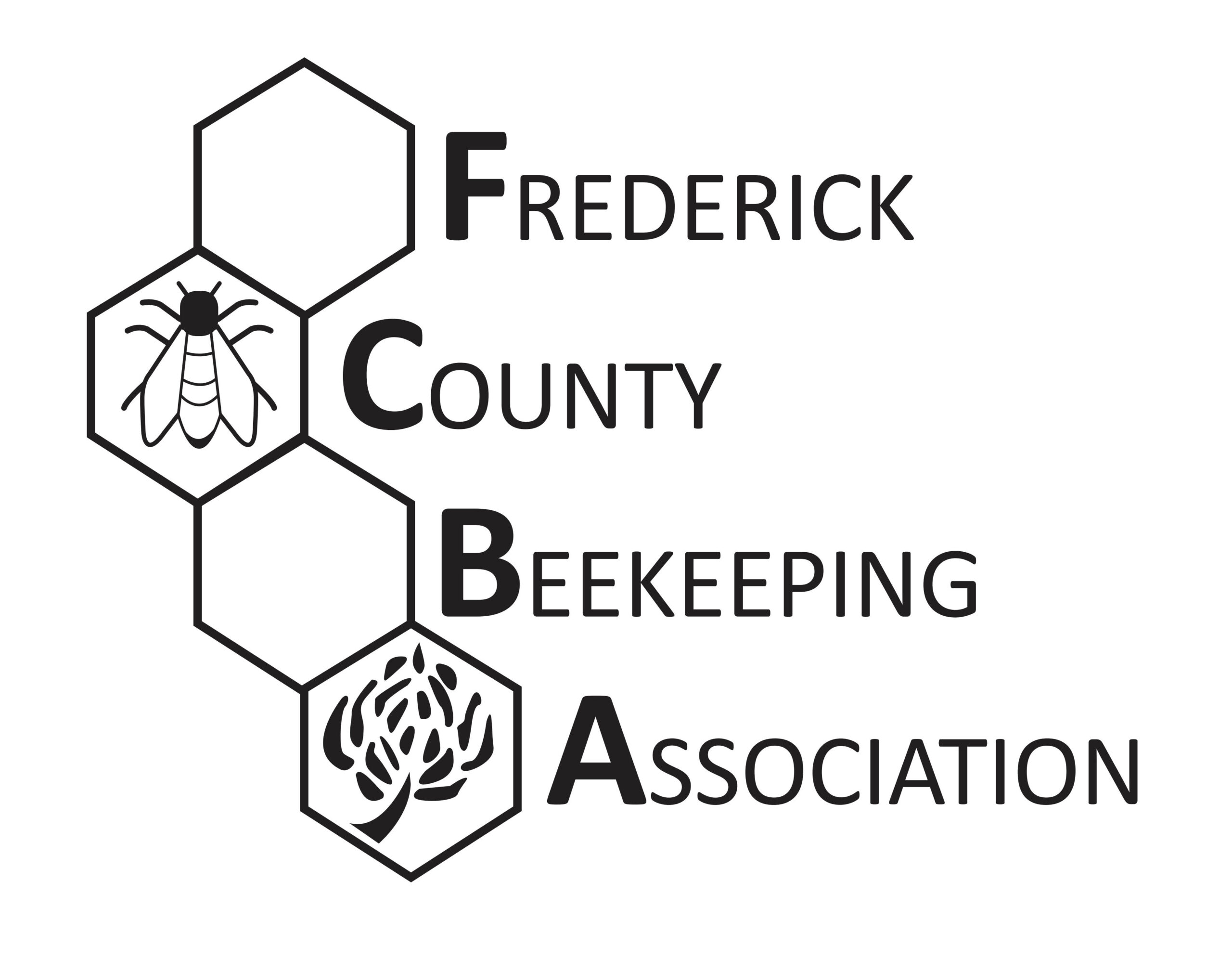 First-party Frederick County Beekeeping Association logo: a column of black hexagons with a bee and a flower beside the words Frederick County Beekeeping Association.