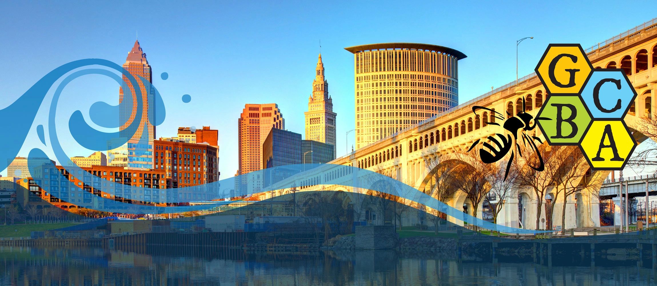 First-party Greater Cleveland Beekeepers Association header banner: the Cleveland skyline and a river wave with a bee beside the letters G, B and C.
