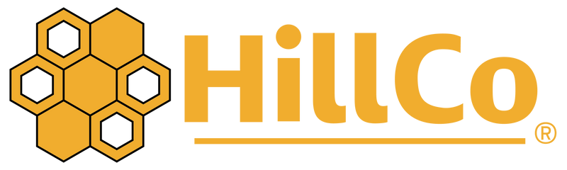 HillCo wordmark in dark serif type beside a bee with a gold-striped body and orange wings.