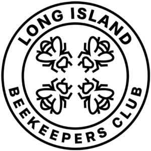 First-party Long Island Beekeepers Club round logo: black line art of four bees inside a ring with the club name.