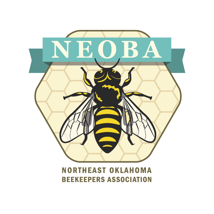 Northeast Oklahoma Beekeepers Association NEOBA banner over a bee on honeycomb (first-party).
