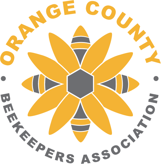 First-party Orange County Beekeepers Association logo: yellow bees arranged like flower petals around a gray hexagon, ringed by the association name.