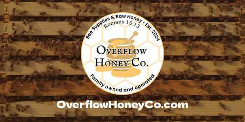 First-party Overflow Honey Co. social card: the round Overflow Honey Co. logo over a photo of hive frames, with the overflowhoneyco.com address.