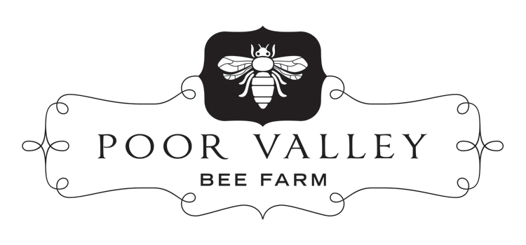 Poor Valley Bee Farm logo: bee in a black frame above the shop name (first-party).