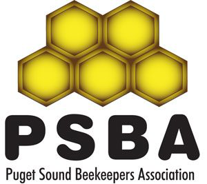 Puget Sound Beekeepers Association circular seal with a bee on honeycomb, a flower, and the letters PSBA.