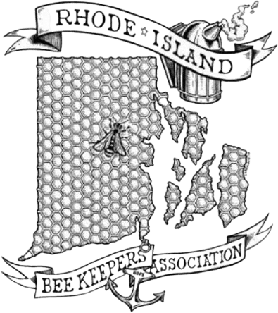 First-party Rhode Island Beekeepers Association logo: a pen-and-ink map of Rhode Island filled with honeycomb and a bee, with a smoker, an anchor and banners reading Rhode Island Bee Keepers Association.