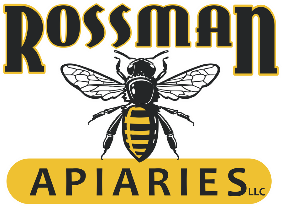 Rossman Apiaries wordmark in red and black script with a honey bee on a honeycomb hexagon and the line Keeping Bees Since 1936.