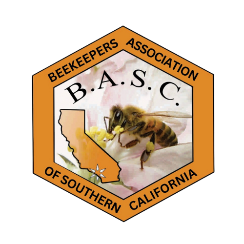 Beekeepers Association of Southern California circular seal with a yellow and black honey bee and the letters BASC.