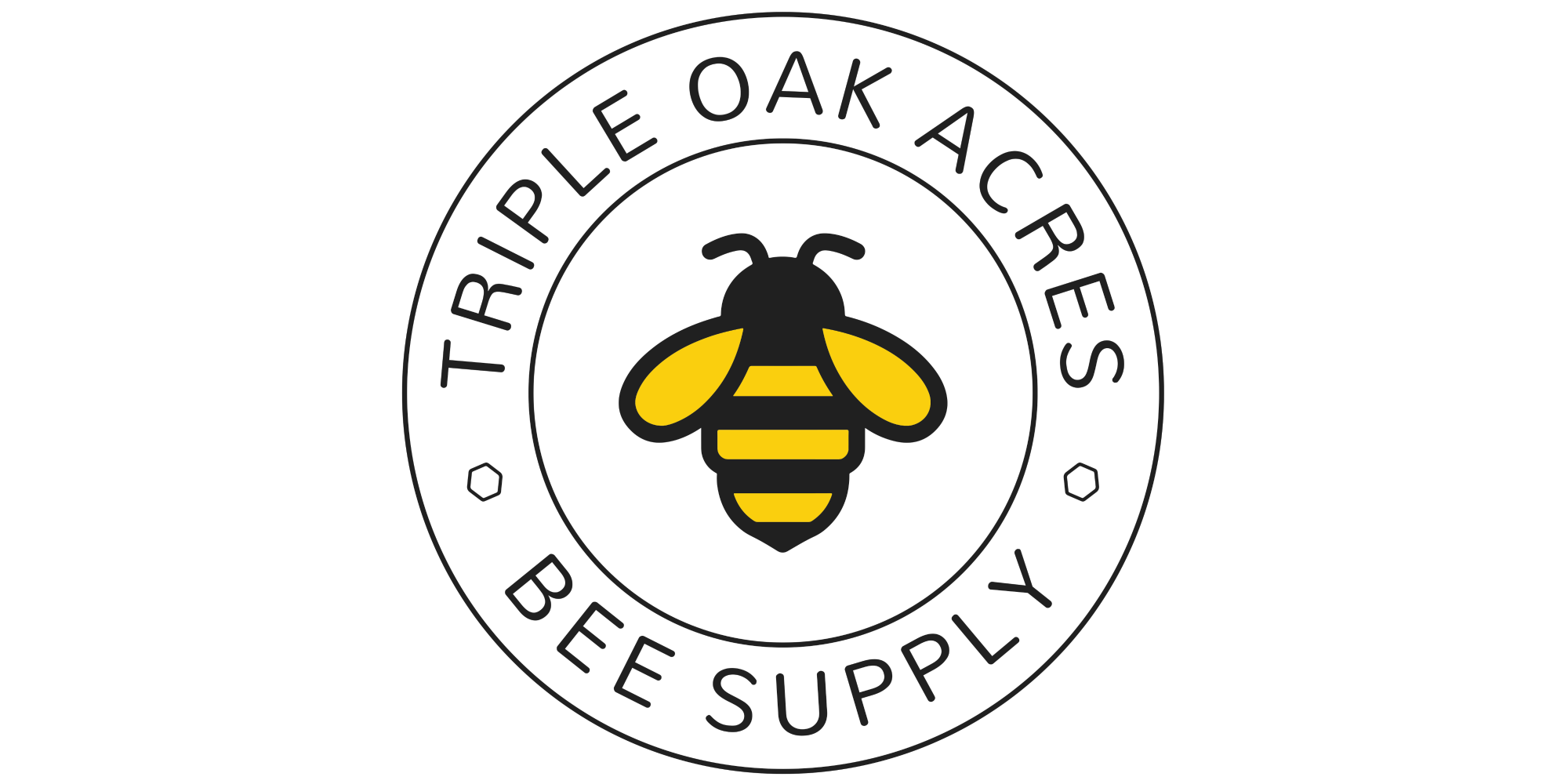 First-party Triple Oak Acres Bee Supply logo: a yellow and black honey bee inside a circle ringed by the words Triple Oak Acres Bee Supply.