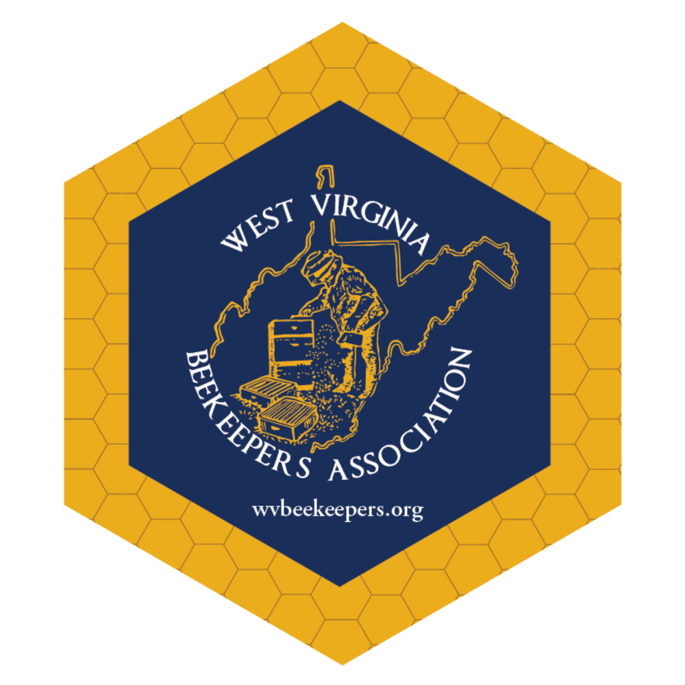 First-party West Virginia Beekeepers Association logo: a navy hexagon ringed by gold honeycomb, with a gold outline of West Virginia and the association name.
